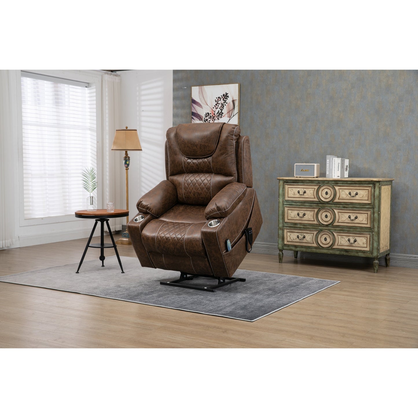 Oversized PU Leather Power Lift Recliner with Massage, Lumbar Heating, Cup Holder, 180Â° Flat Lay