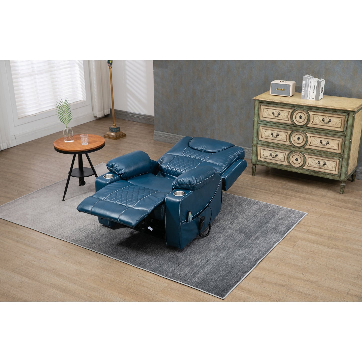 Oversized PU Leather Power Lift Recliner with Massage, Lumbar Heating, Cup Holder, 180Â° Flat Lay