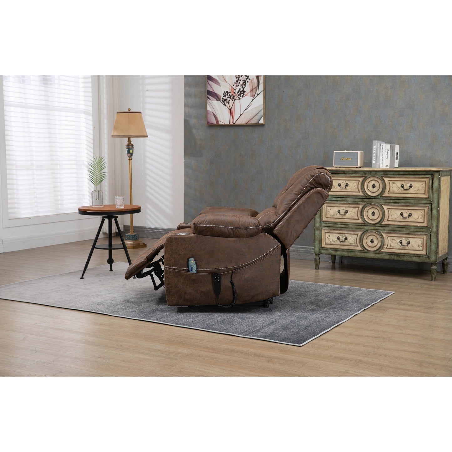 Oversized PU Leather Power Lift Recliner with Massage, Lumbar Heating, Cup Holder, 180Â° Flat Lay