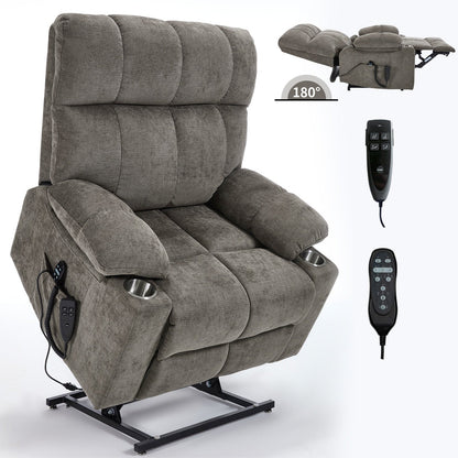Oversized Power Lift Recliner Chair with Dual Motor, Massage & Lumbar Heat, Chenille Upholstery, Dual Cup Holders & Side Pockets