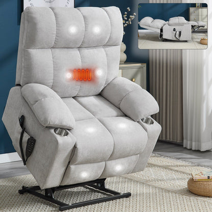 Oversized Power Lift Recliner Chair with Dual Motor, Massage & Lumbar Heat, Chenille Upholstery, Dual Cup Holders & Side Pockets