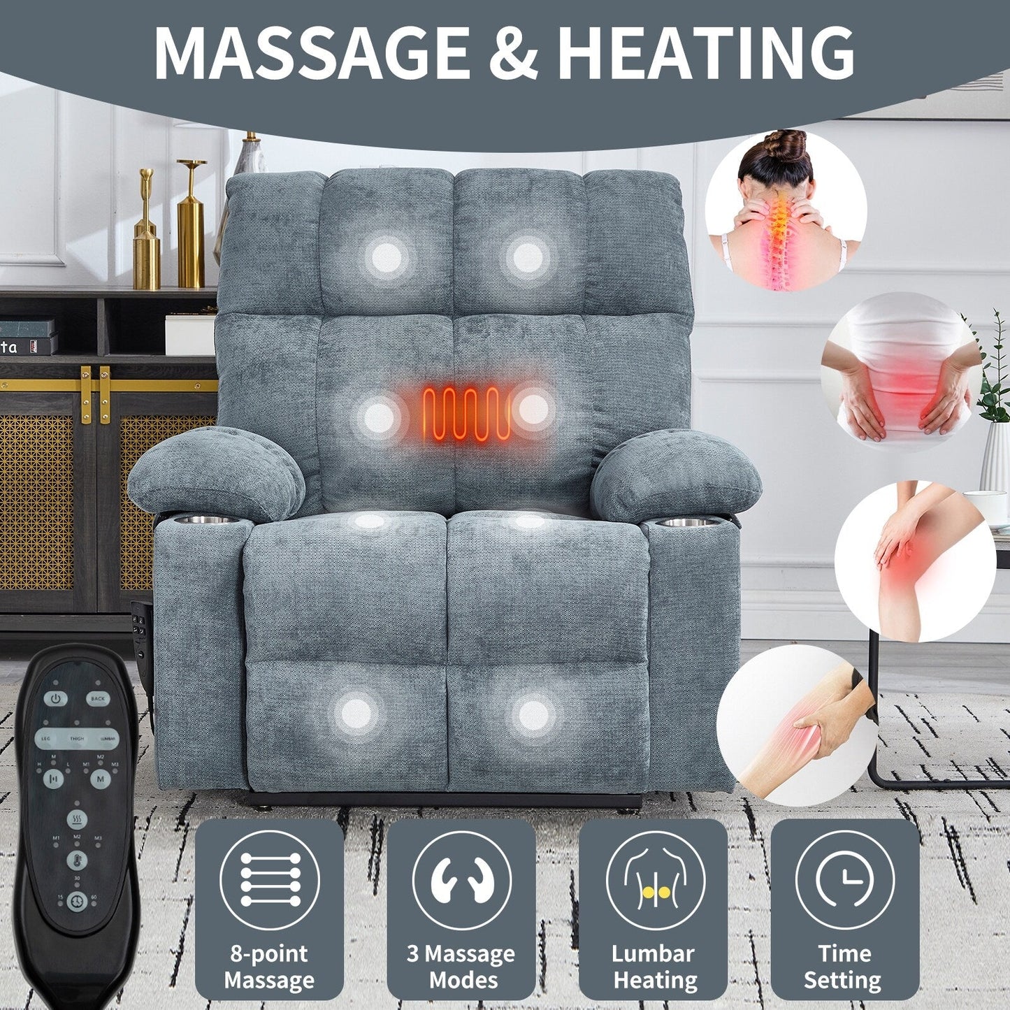Oversized Power Lift Recliner Chair with Dual Motor, Massage & Lumbar Heat, Chenille Upholstery, Dual Cup Holders & Side Pockets