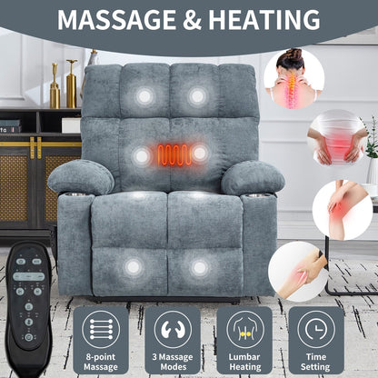 Oversized Power Lift Recliner Chair with Dual Motor, Massage & Lumbar Heat, Chenille Upholstery, Dual Cup Holders & Side Pockets