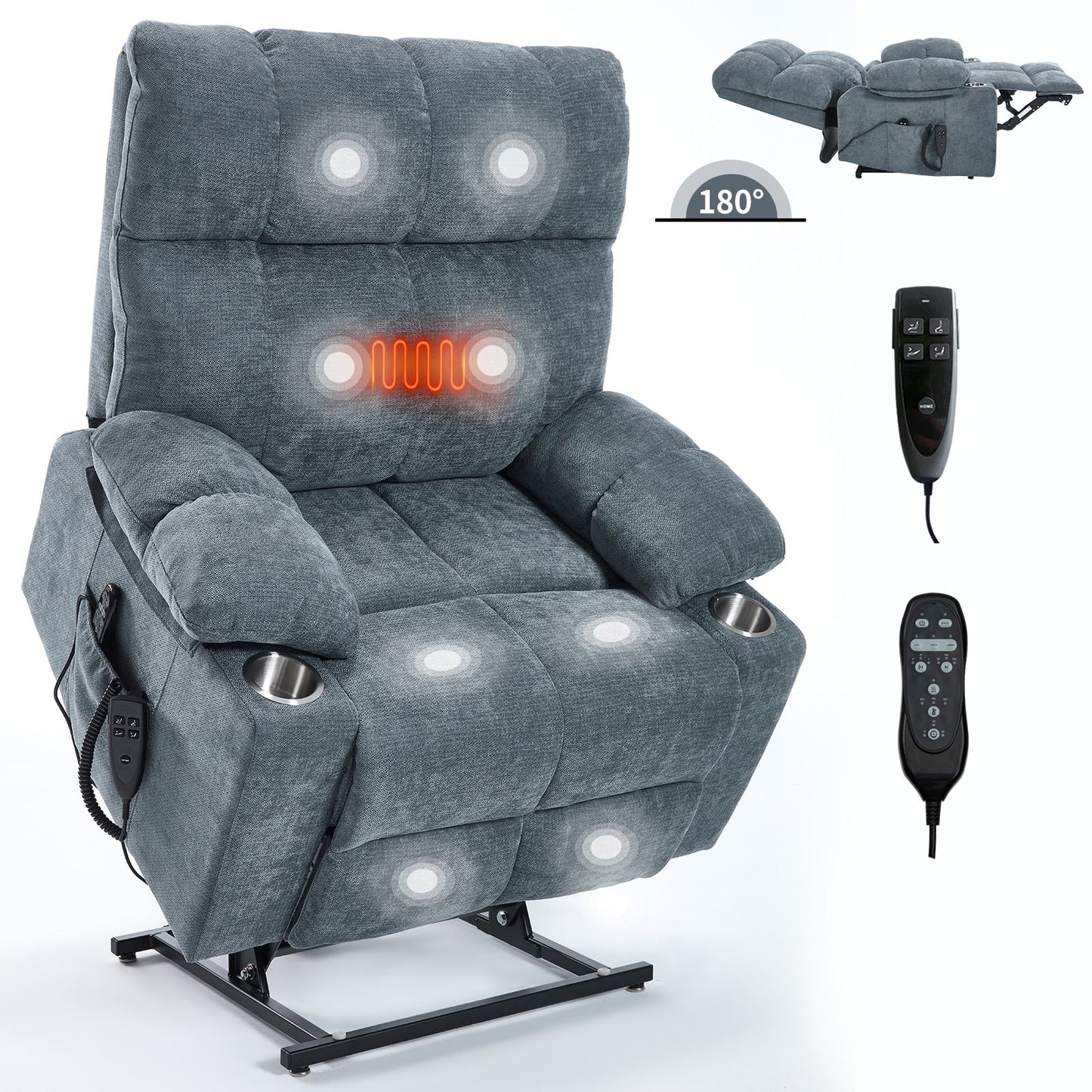 Oversized Power Lift Recliner Chair with Dual Motor, Massage & Lumbar Heat, Chenille Upholstery, Dual Cup Holders & Side Pockets