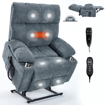 Oversized Power Lift Recliner Chair with Dual Motor, Massage & Lumbar Heat, Chenille Upholstery, Dual Cup Holders & Side Pockets