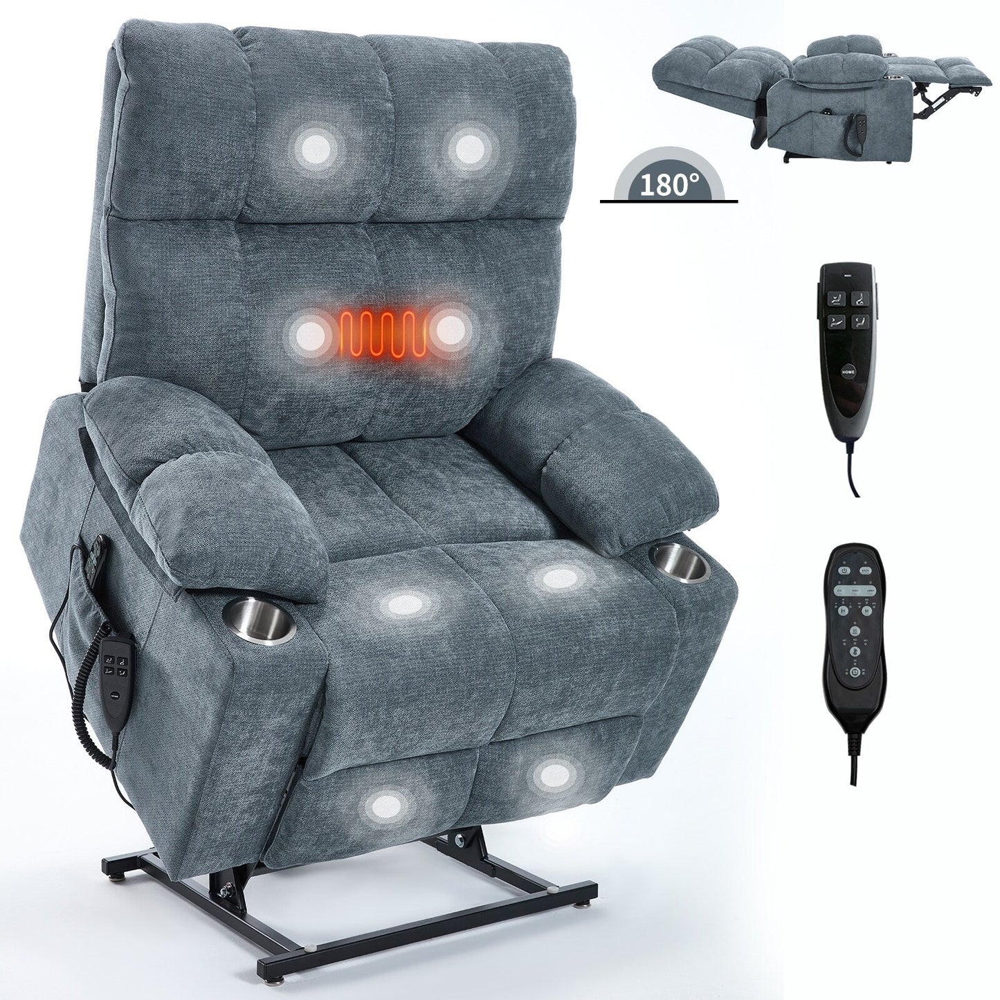 Oversized Power Lift Recliner Chair with Dual Motor, Massage & Lumbar Heat, Chenille Upholstery, Dual Cup Holders & Side Pockets