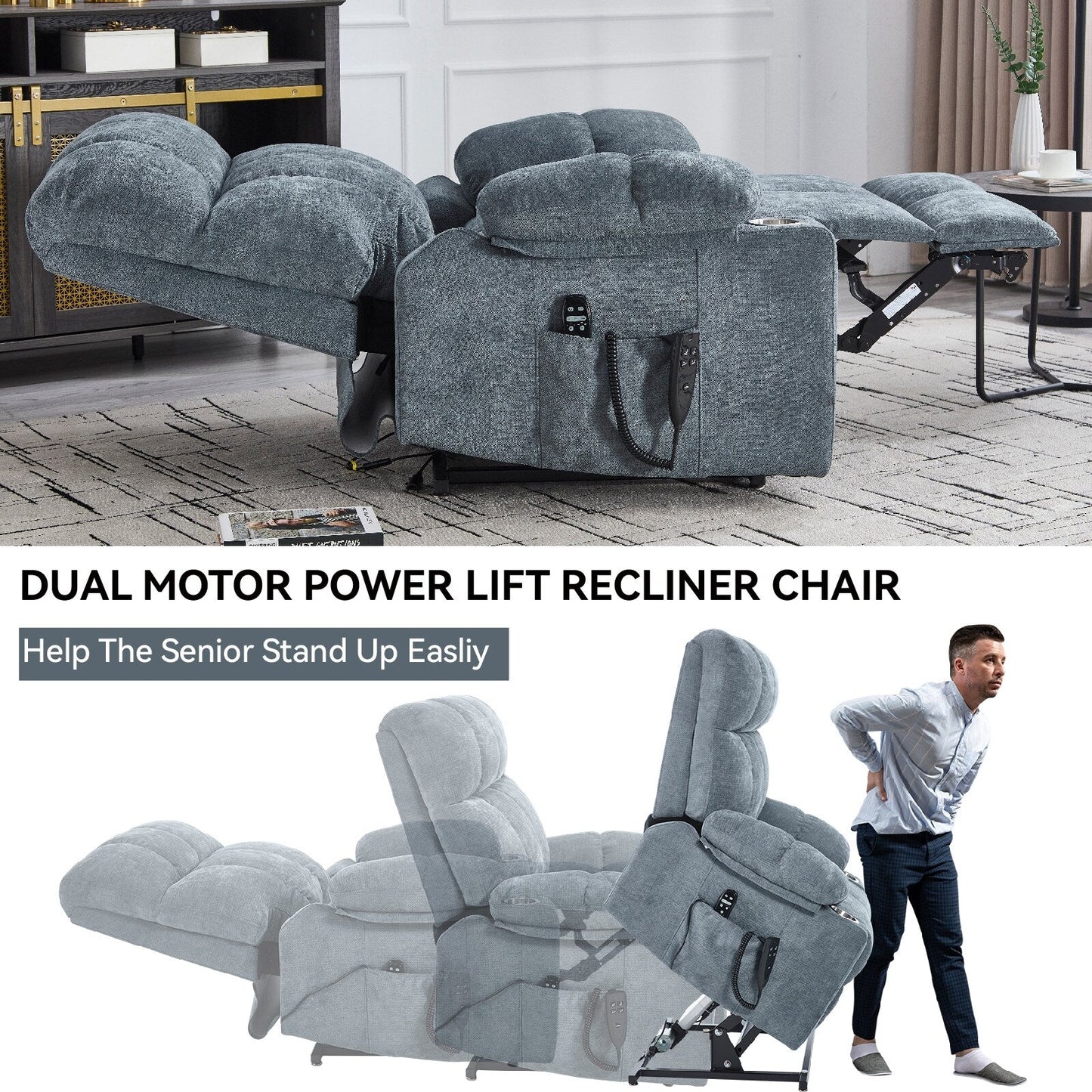 Oversized Power Lift Recliner Chair with Dual Motor, Massage & Lumbar Heat, Chenille Upholstery, Dual Cup Holders & Side Pockets