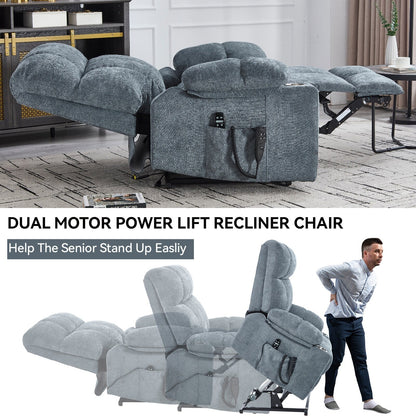 Oversized Power Lift Recliner Chair with Dual Motor, Massage & Lumbar Heat, Chenille Upholstery, Dual Cup Holders & Side Pockets