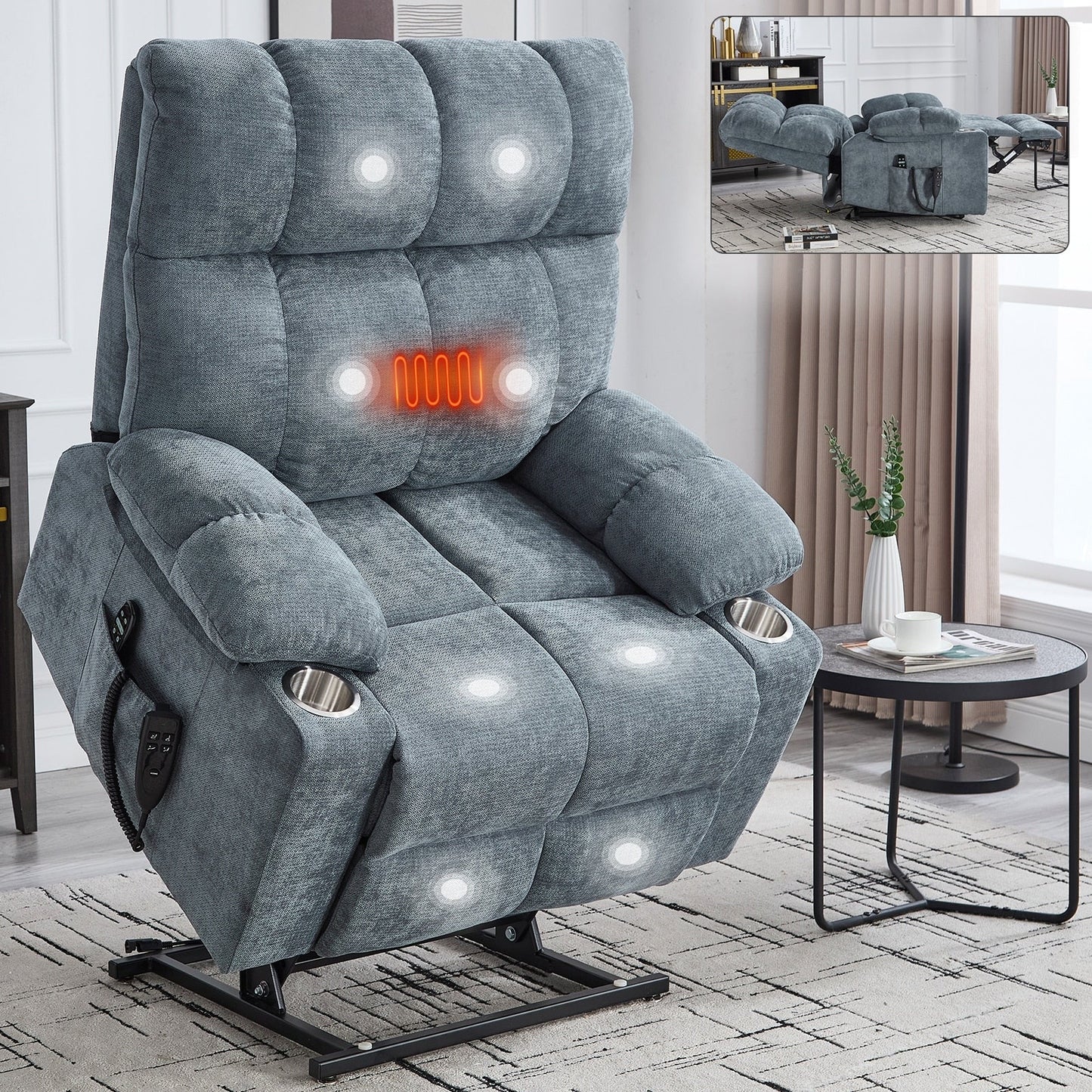 Oversized Power Lift Recliner Chair with Dual Motor, Massage & Lumbar Heat, Chenille Upholstery, Dual Cup Holders & Side Pockets