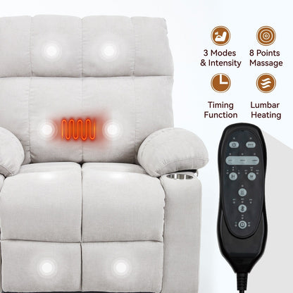 Oversized Power Lift Recliner Chair with Dual Motor, Massage & Lumbar Heat, Chenille Upholstery, Dual Cup Holders & Side Pockets