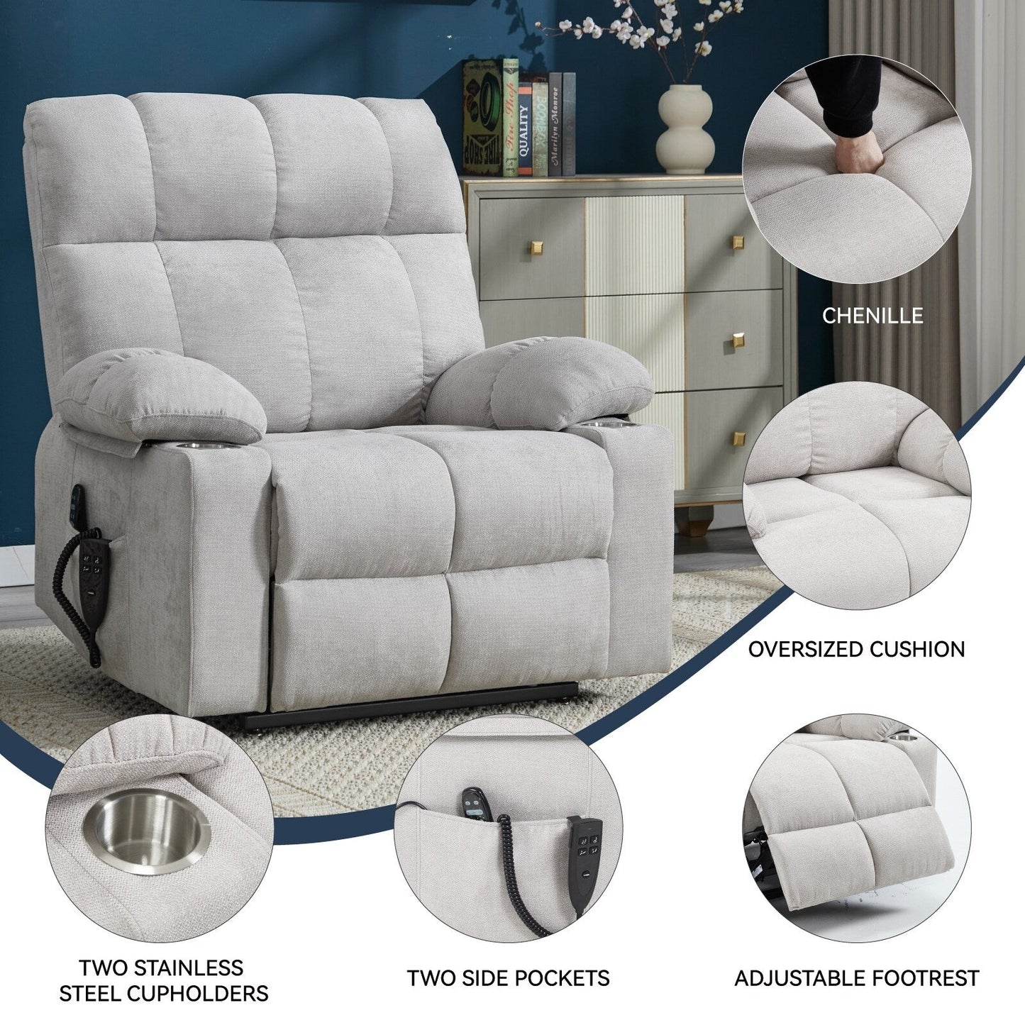 Oversized Power Lift Recliner Chair with Dual Motor, Massage & Lumbar Heat, Chenille Upholstery, Dual Cup Holders & Side Pockets