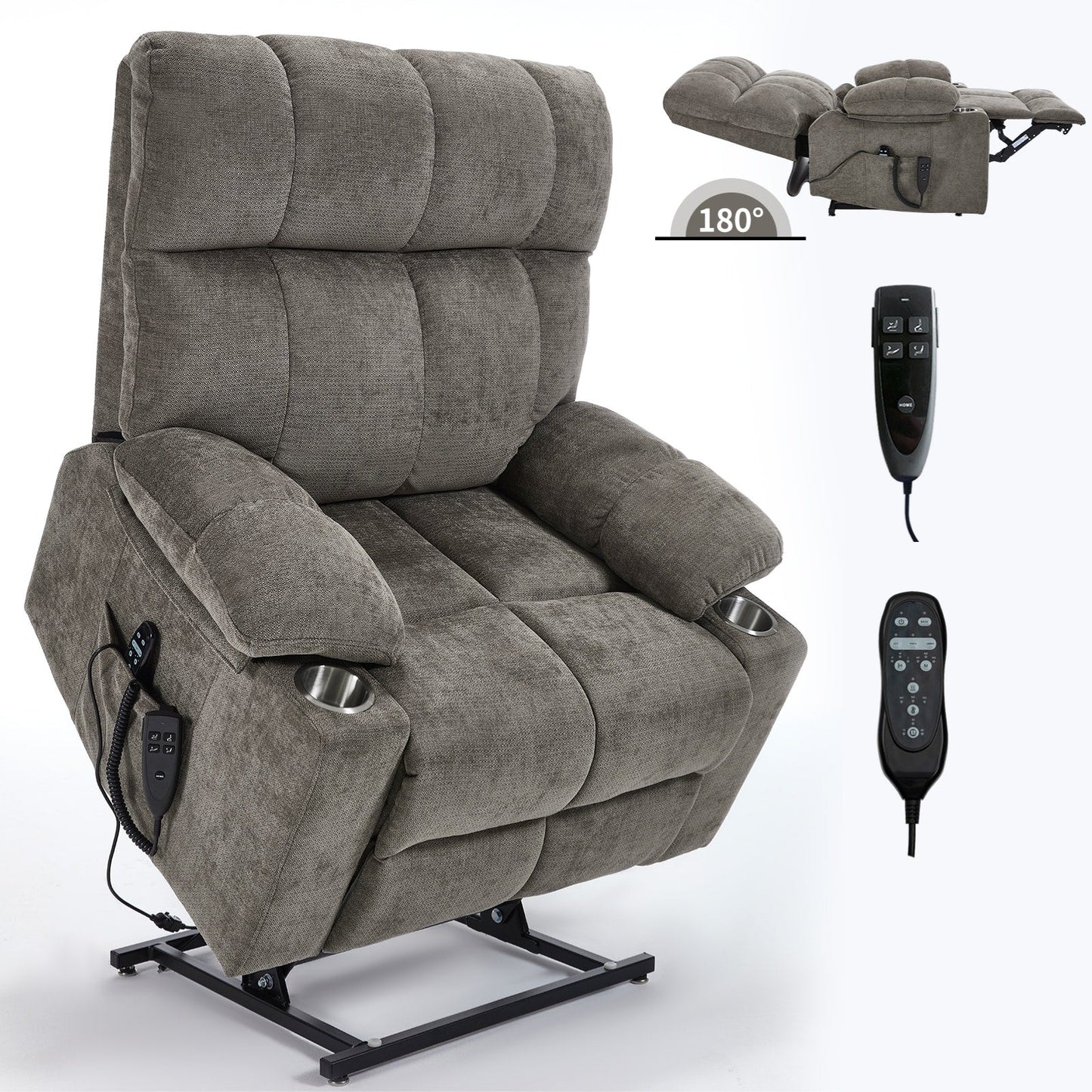 Oversized Power Lift Recliner Chair with Dual Motor, Massage & Lumbar Heat, Chenille Upholstery, Dual Cup Holders & Side Pockets