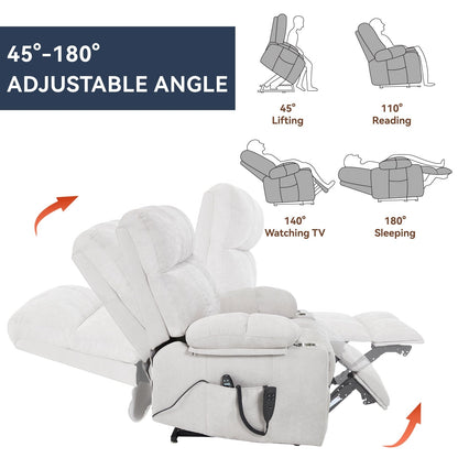 Oversized Power Lift Recliner Chair with Dual Motor, Massage & Lumbar Heat, Chenille Upholstery, Dual Cup Holders & Side Pockets
