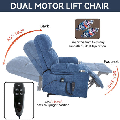 Oversized Power Lift Recliner Chair with Dual Motor, Massage & Lumbar Heat, Chenille Upholstery, Dual Cup Holders & Side Pockets