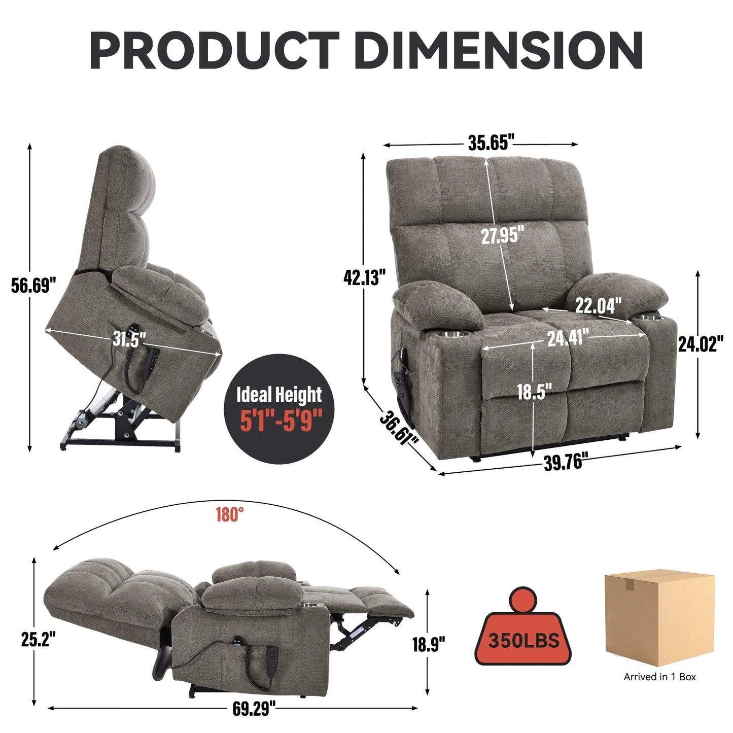 Oversized Power Lift Recliner Chair with Dual Motor, Massage & Lumbar Heat, Chenille Upholstery, Dual Cup Holders & Side Pockets