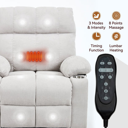 Oversized Power Lift Recliner Chair with Dual Motor, Massage & Lumbar Heat, Chenille Upholstery, Dual Cup Holders & Side Pockets