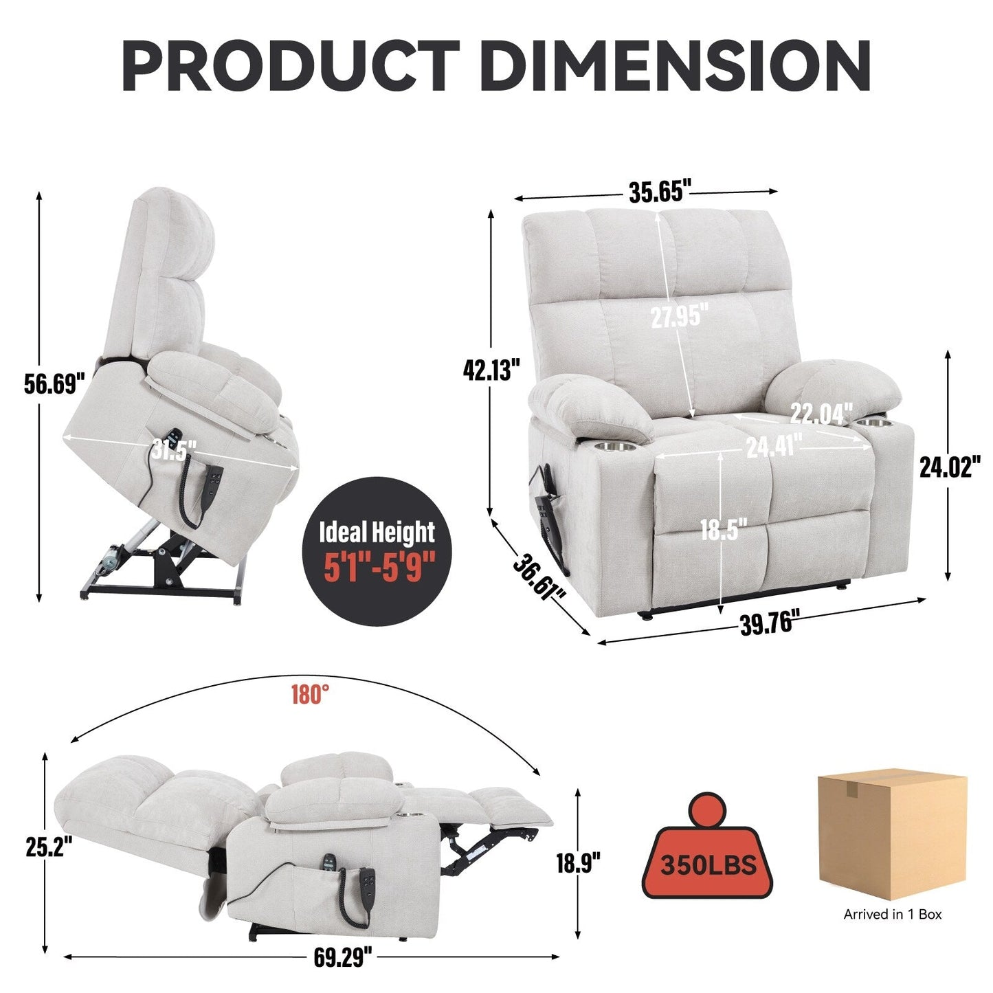 Oversized Power Lift Recliner Chair with Dual Motor, Massage & Lumbar Heat, Chenille Upholstery, Dual Cup Holders & Side Pockets