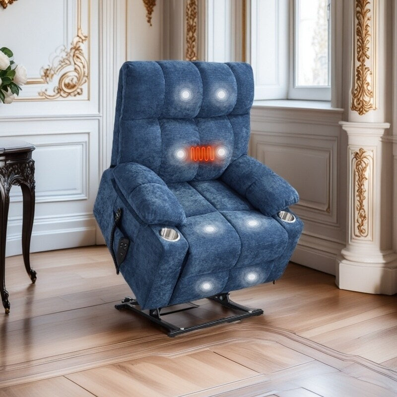Oversized Power Lift Recliner Chair with Dual Motor, Massage & Lumbar Heat, Chenille Upholstery, Dual Cup Holders & Side Pockets
