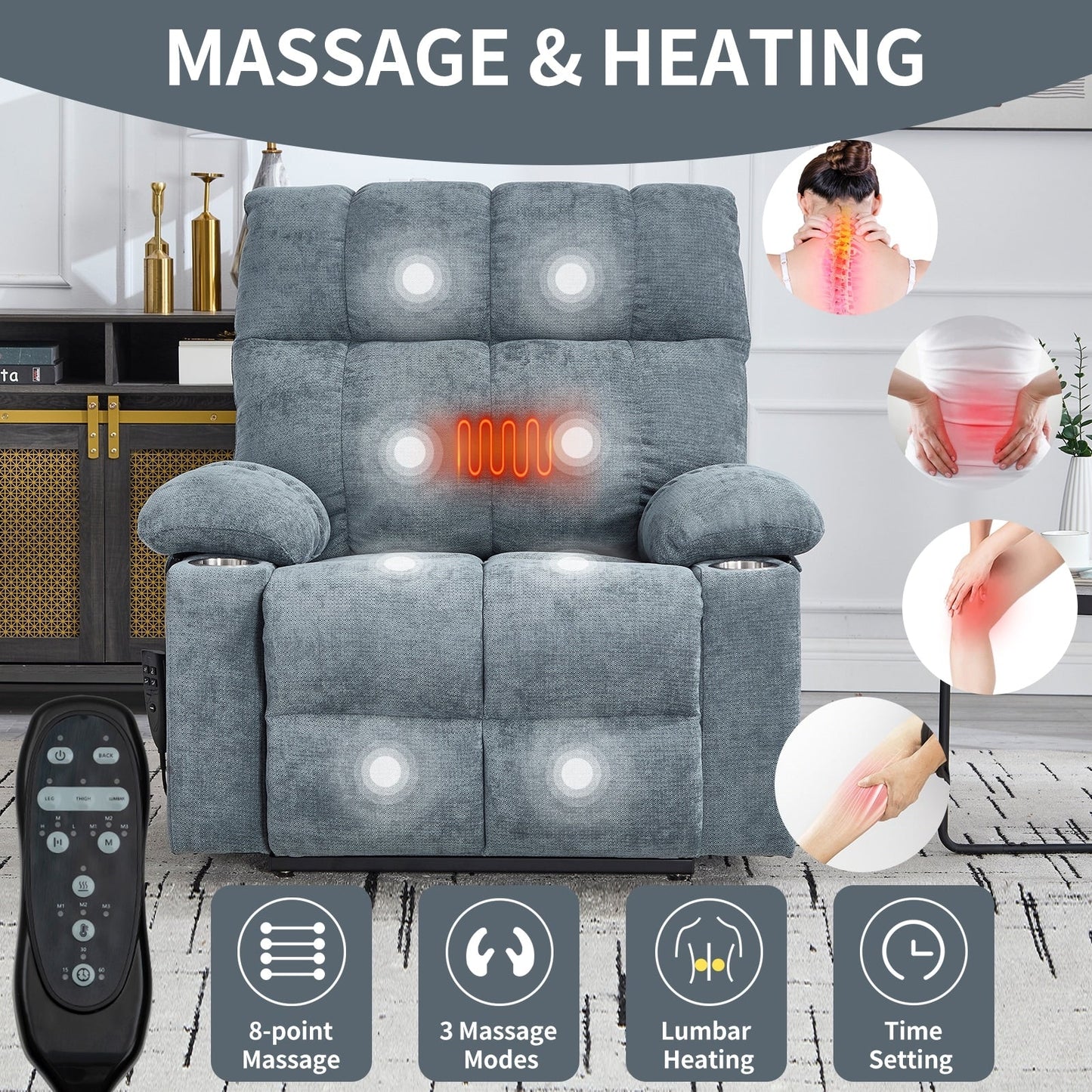 Oversized Power Lift Recliner Chair with Dual Motor, Massage & Lumbar Heat, Chenille Upholstery, Dual Cup Holders & Side Pockets