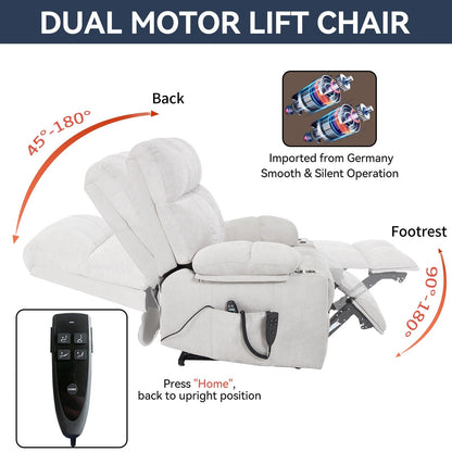 Oversized Power Lift Recliner Chair with Dual Motor, Massage & Lumbar Heat, Chenille Upholstery, Dual Cup Holders & Side Pockets