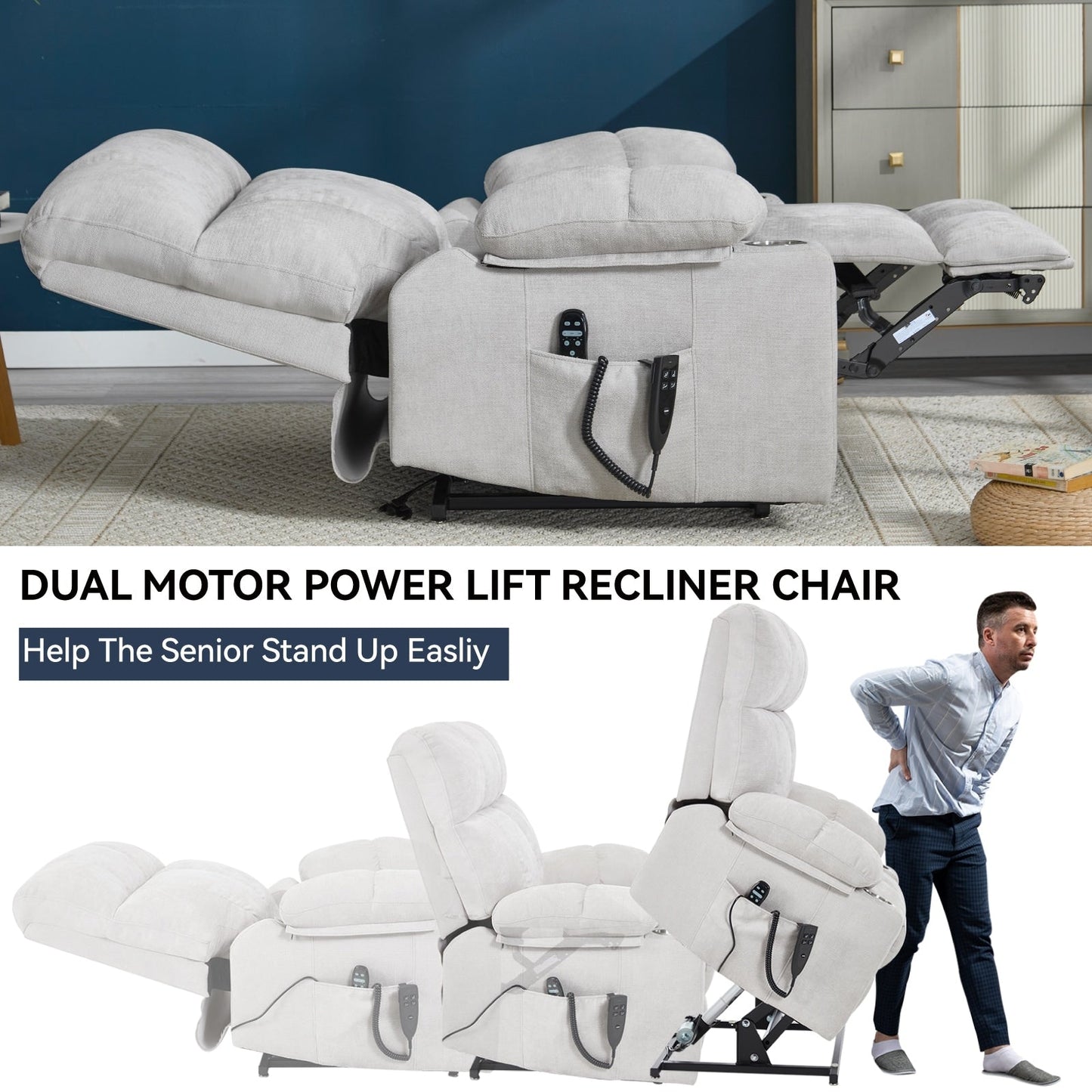 Oversized Power Lift Recliner Chair with Dual Motor, Massage & Lumbar Heat, Chenille Upholstery, Dual Cup Holders & Side Pockets