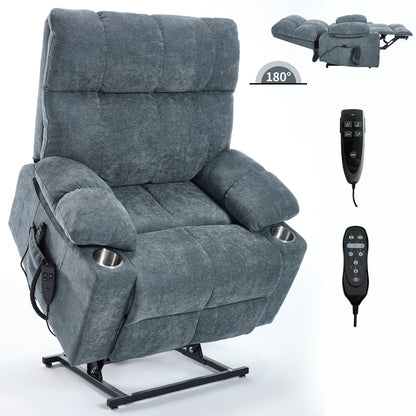 Oversized Power Lift Recliner Chair with Dual Motor, Massage & Lumbar Heat, Chenille Upholstery, Dual Cup Holders & Side Pockets