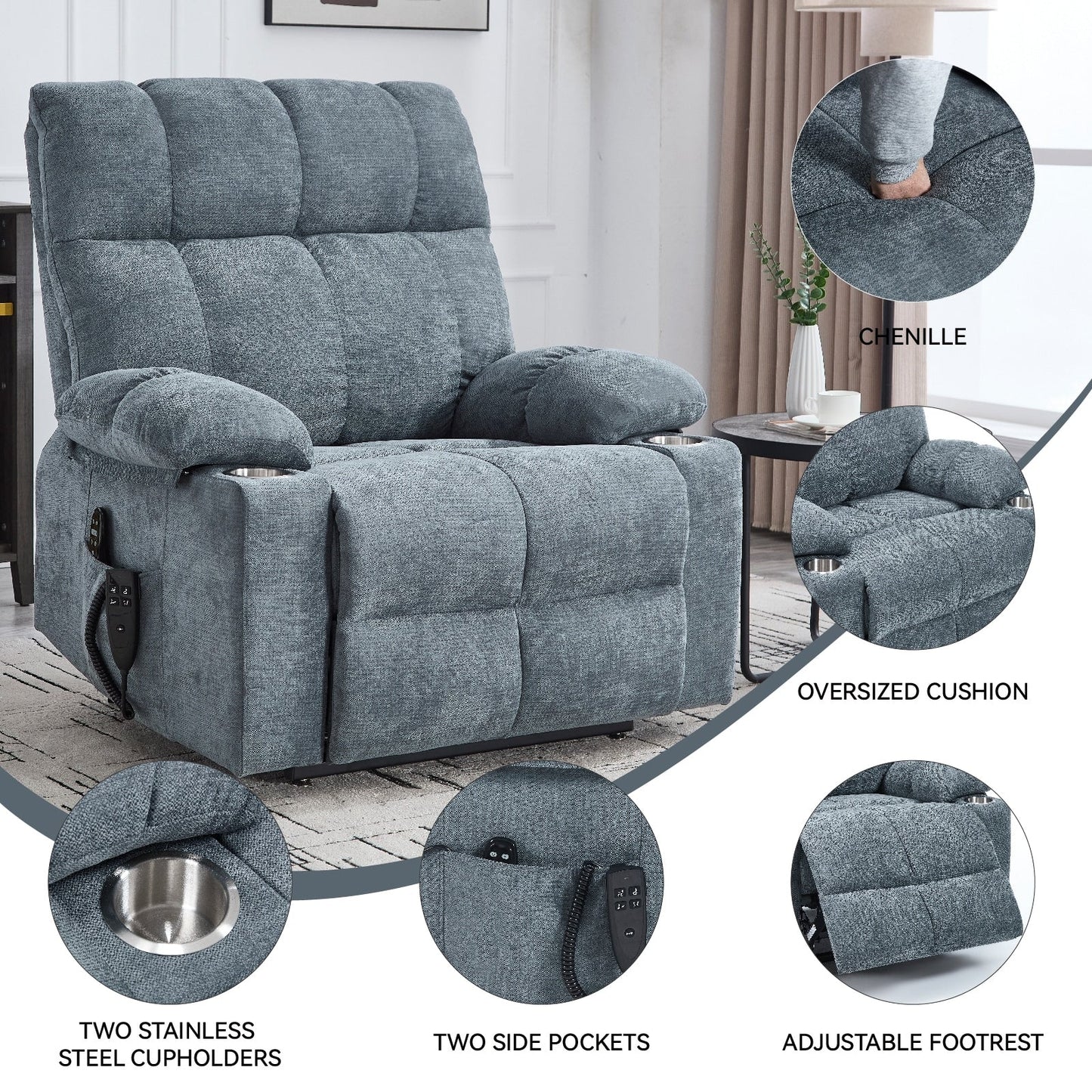 Oversized Power Lift Recliner Chair with Dual Motor, Massage & Lumbar Heat, Chenille Upholstery, Dual Cup Holders & Side Pockets