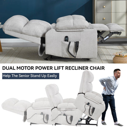 Oversized Power Lift Recliner Chair with Dual Motor, Massage & Lumbar Heat, Chenille Upholstery, Dual Cup Holders & Side Pockets