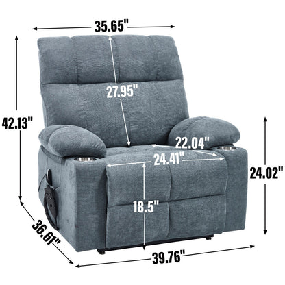 Oversized Power Lift Recliner Chair with Dual Motor, Massage & Lumbar Heat, Chenille Upholstery, Dual Cup Holders & Side Pockets