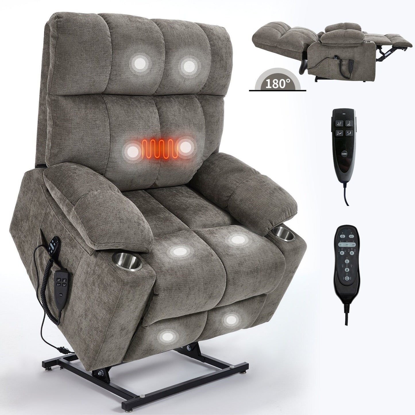 Oversized Power Lift Recliner Chair with Dual Motor, Massage & Lumbar Heat, Chenille Upholstery, Dual Cup Holders & Side Pockets