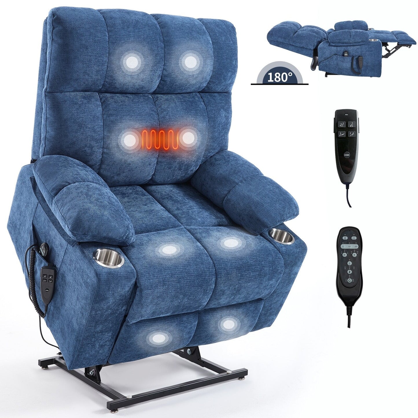 Oversized Power Lift Recliner Chair with Dual Motor, Massage & Lumbar Heat, Chenille Upholstery, Dual Cup Holders & Side Pockets