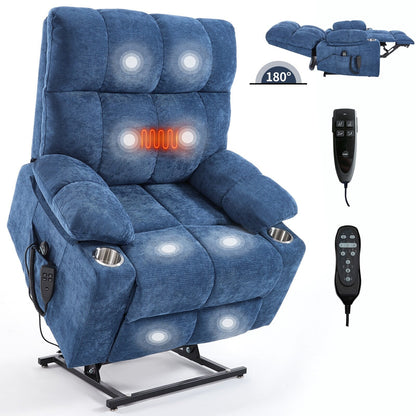 Oversized Power Lift Recliner Chair with Dual Motor, Massage & Lumbar Heat, Chenille Upholstery, Dual Cup Holders & Side Pockets