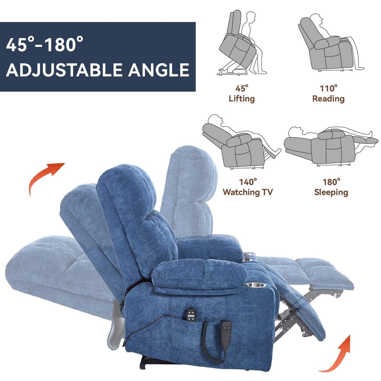 Oversized Power Lift Recliner Chair with Dual Motor, Massage & Lumbar Heat, Chenille Upholstery, Dual Cup Holders & Side Pockets