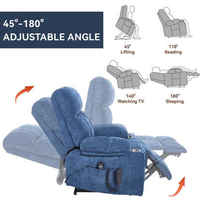 Oversized Power Lift Recliner Chair with Dual Motor, Massage & Lumbar Heat, Chenille Upholstery, Dual Cup Holders & Side Pockets