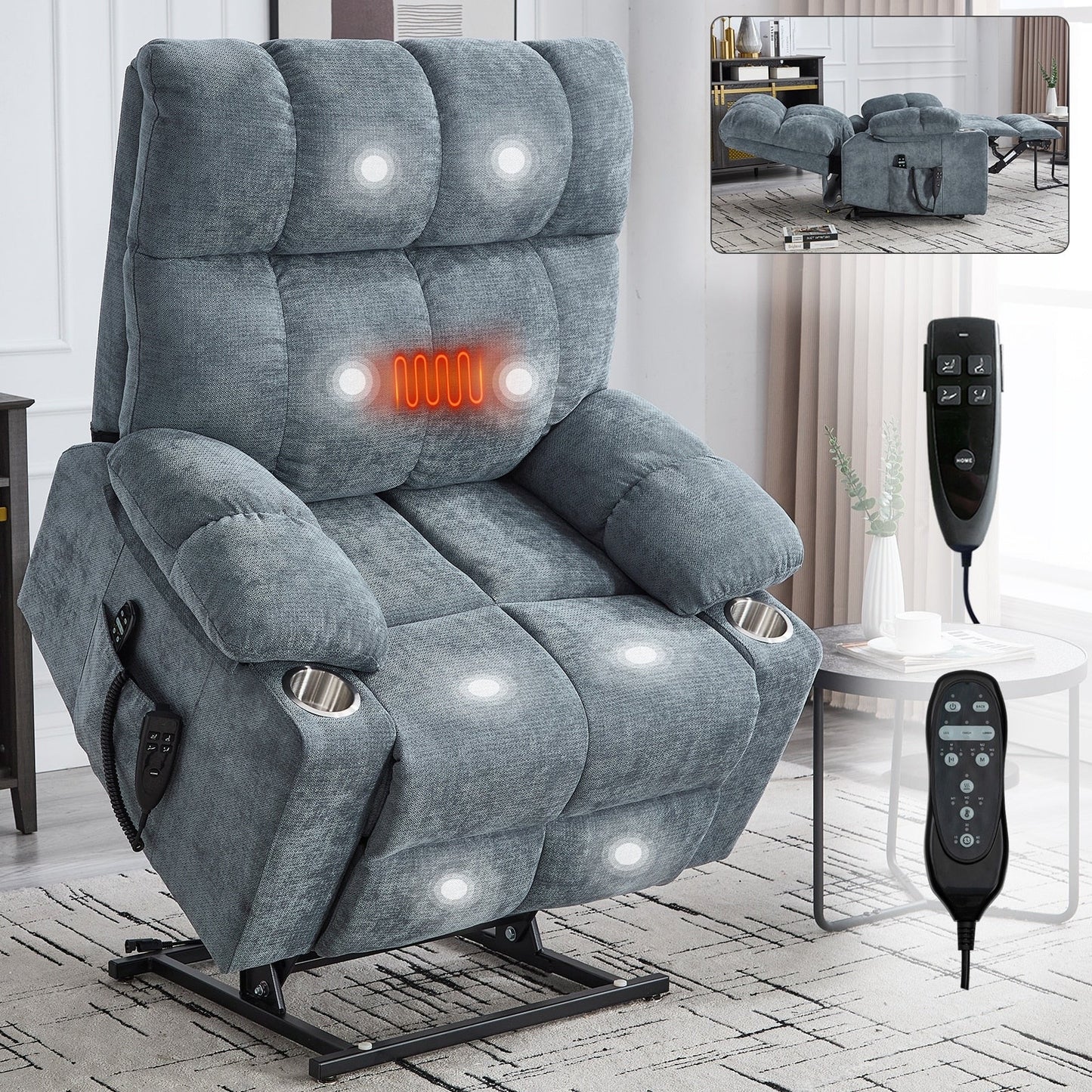 Oversized Power Lift Recliner Chair with Dual Motor, Massage & Lumbar Heat, Chenille Upholstery, Dual Cup Holders & Side Pockets
