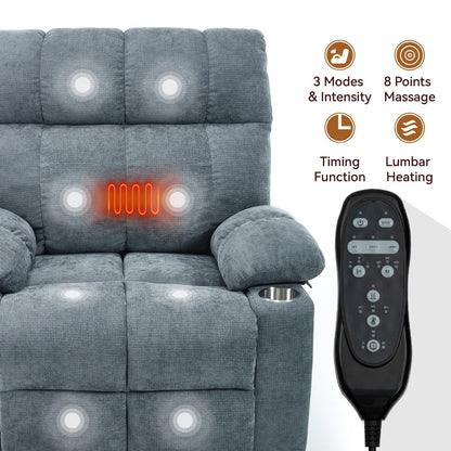 Oversized Power Lift Recliner Chair with Dual Motor, Massage & Lumbar Heat, Chenille Upholstery, Dual Cup Holders & Side Pockets