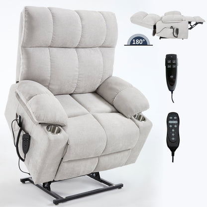 Oversized Power Lift Recliner Chair with Dual Motor, Massage & Lumbar Heat, Chenille Upholstery, Dual Cup Holders & Side Pockets