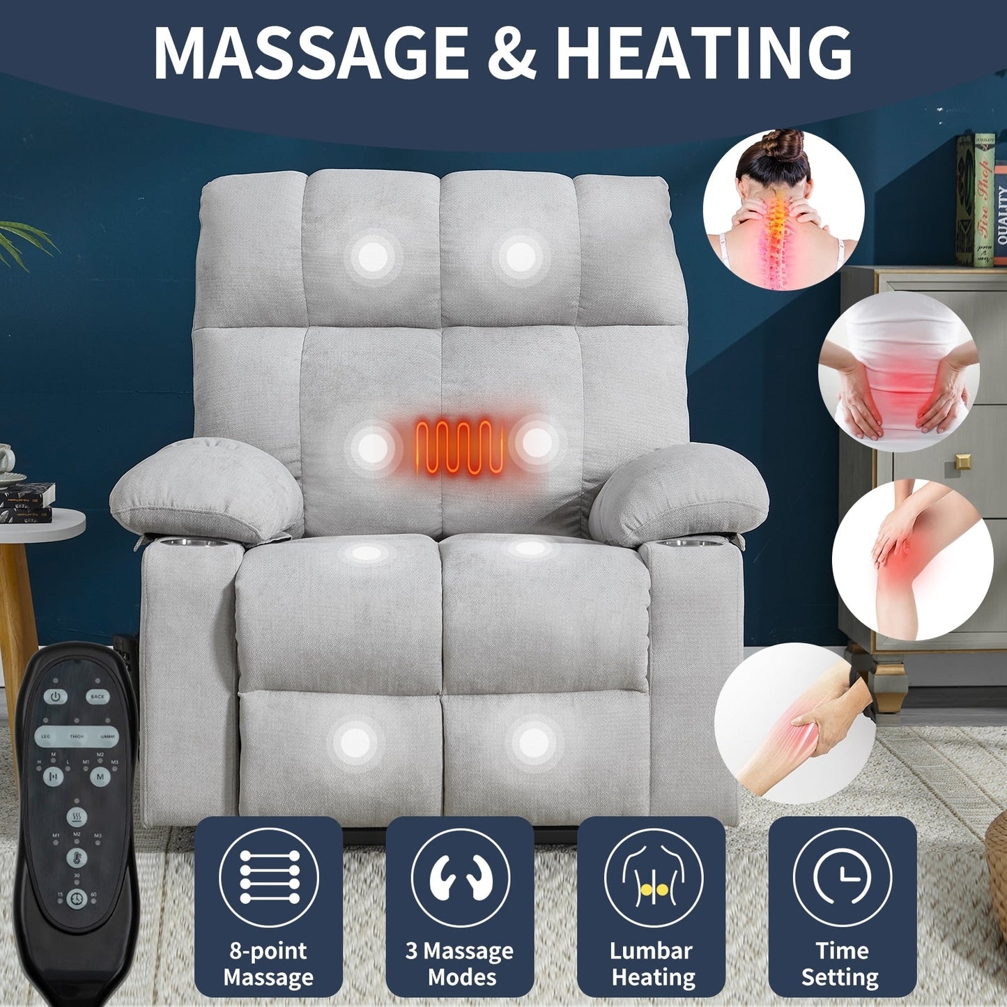 Oversized Power Lift Recliner Chair with Dual Motor, Massage & Lumbar Heat, Chenille Upholstery, Dual Cup Holders & Side Pockets