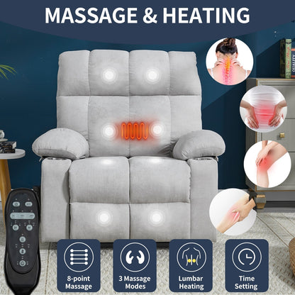 Oversized Power Lift Recliner Chair with Dual Motor, Massage & Lumbar Heat, Chenille Upholstery, Dual Cup Holders & Side Pockets