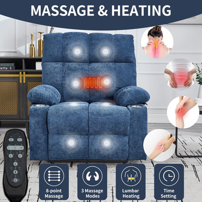 Oversized Power Lift Recliner Chair with Dual Motor, Massage & Lumbar Heat, Chenille Upholstery, Dual Cup Holders & Side Pockets