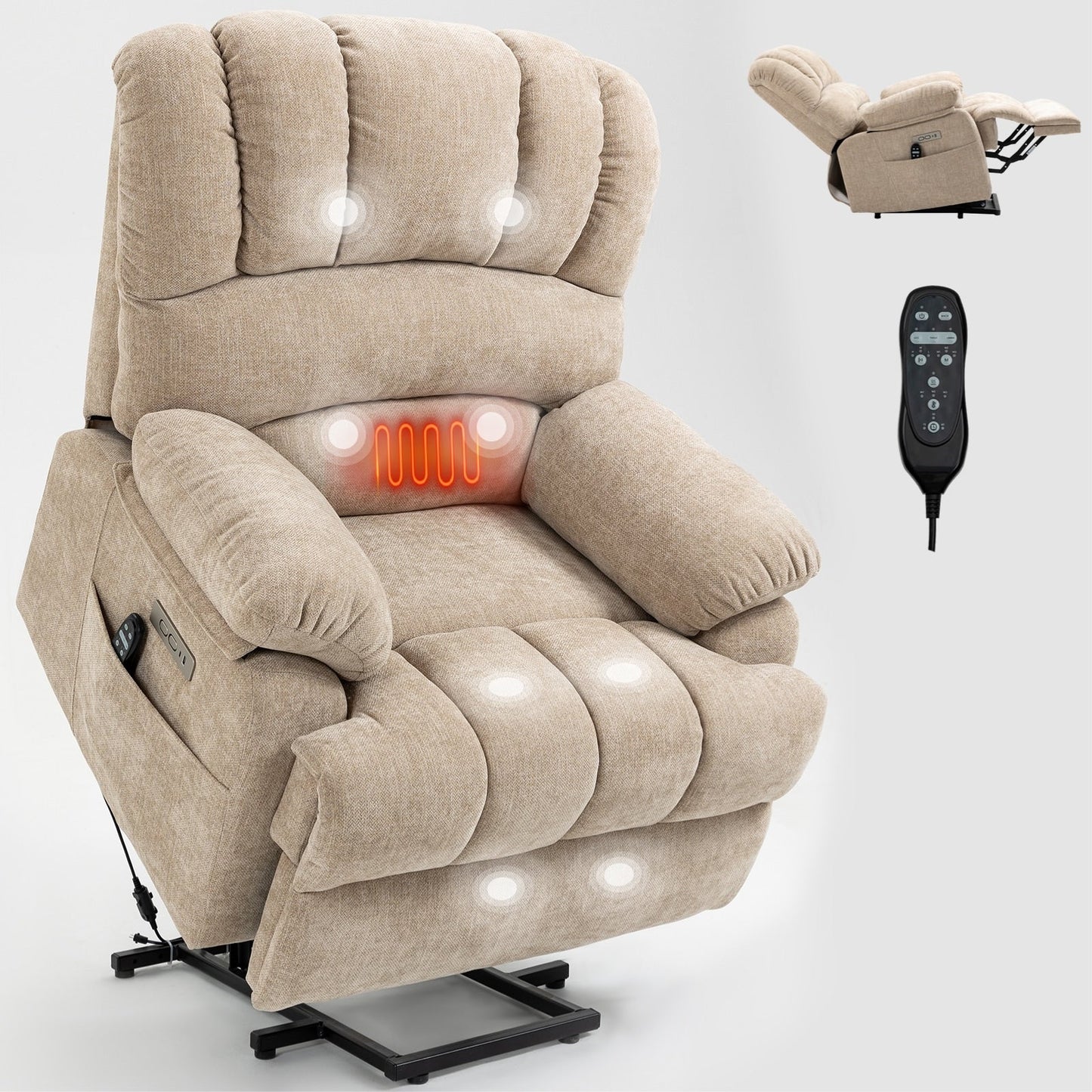 Oversized Power Lift Recliner Chair with Massage, Heat, 8-Point Vibration, Lumbar Heating, USB Port, Dual Side Pockets