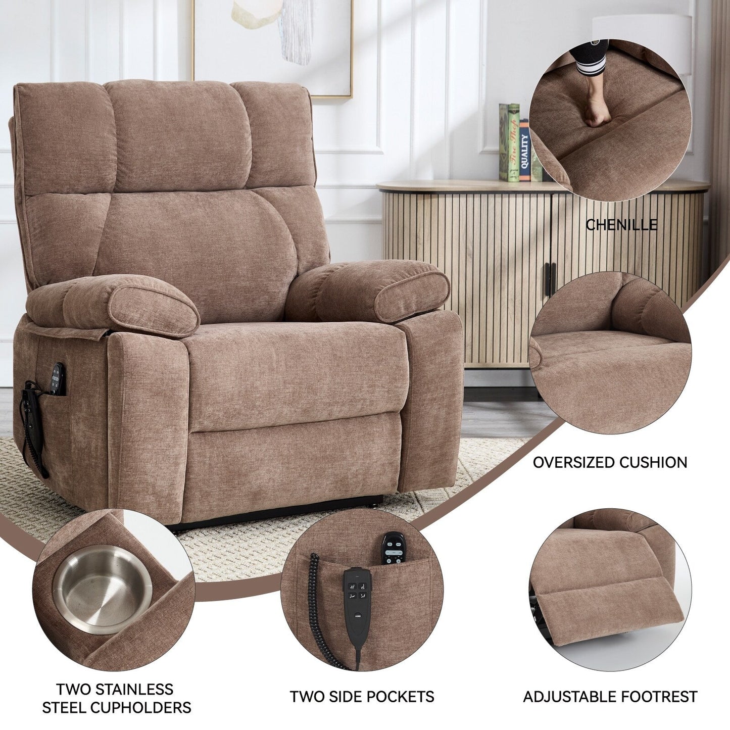 Oversized Power Lift Recliner with Dual Motors, Heat & Massage Functions, Infinite Position Recline, Hidden Cup Holders