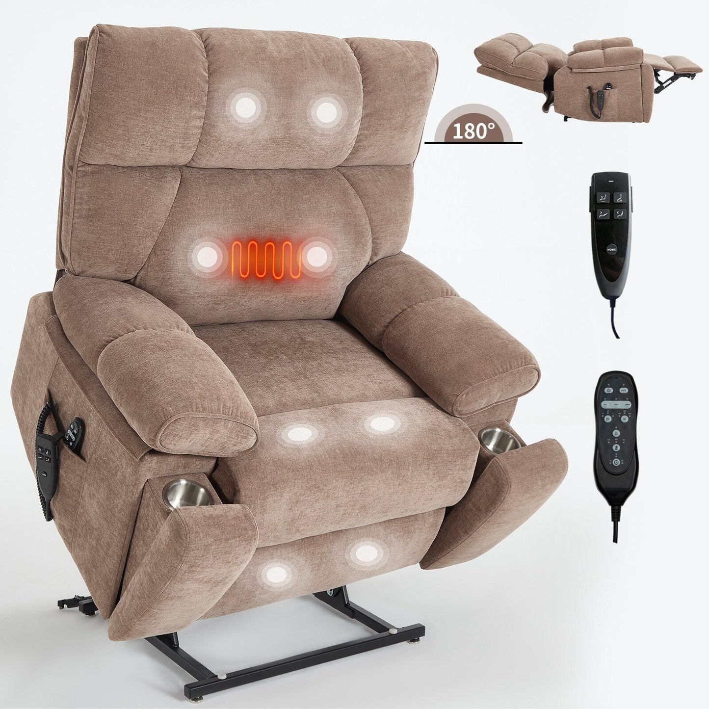 Oversized Power Lift Recliner with Dual Motors, Heat & Massage Functions, Infinite Position Recline, Hidden Cup Holders