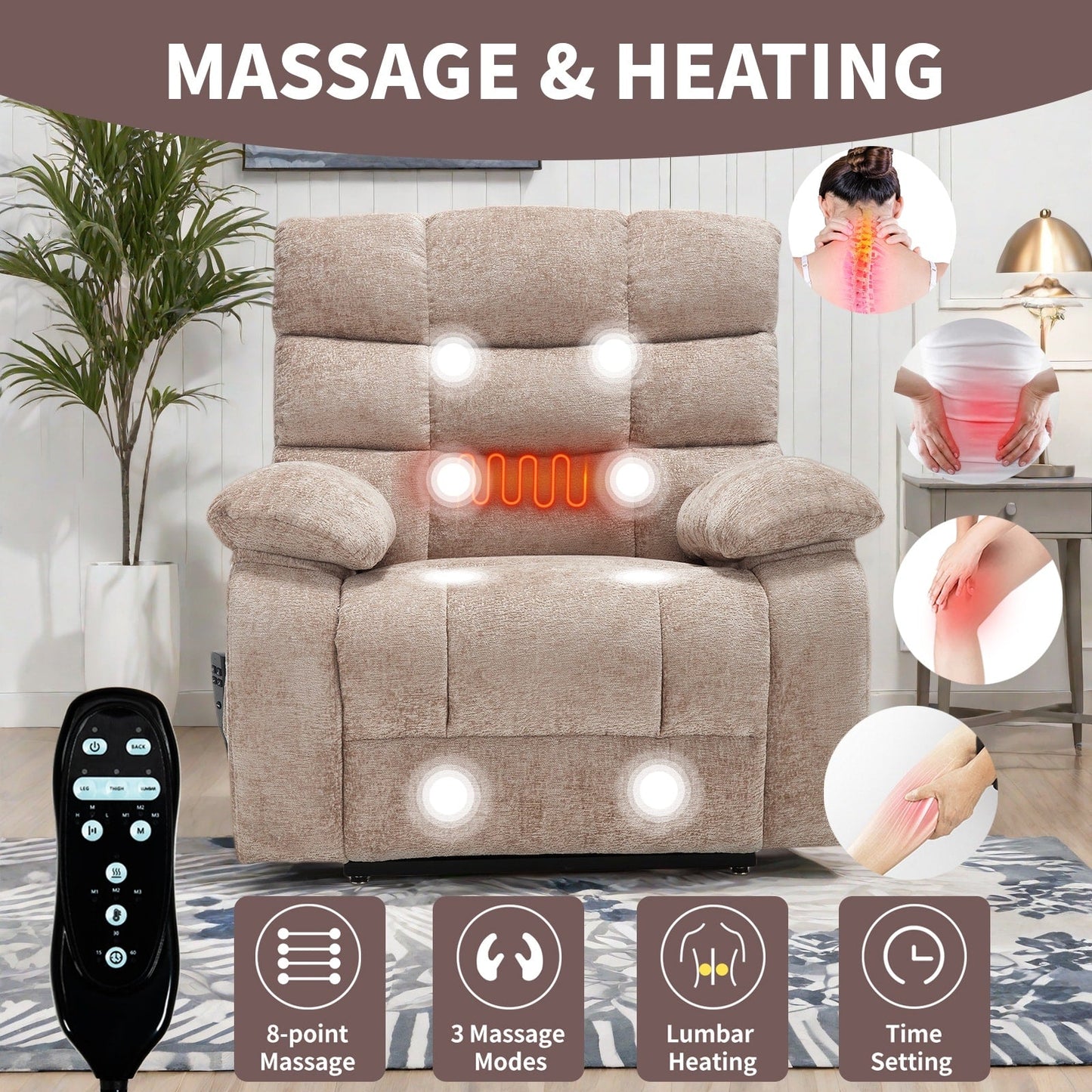 Oversized Power Lift Recliner with Dual Motors, Heat & Massage, Infinite Recline (350LBS Capacity), Remote Control