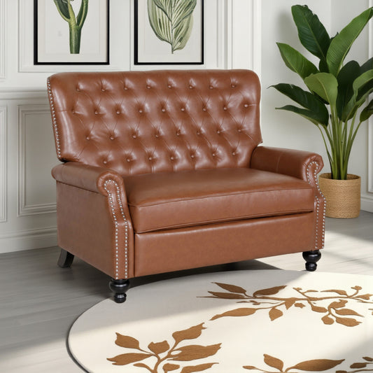 Oversized Recliner Chair, Rivets, Tufted Back Light Brown Faux Leather
