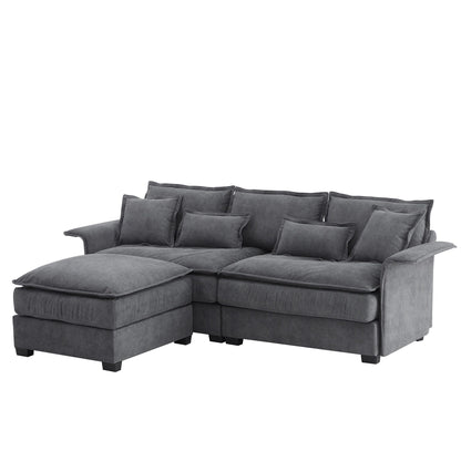 Oversized Sectional Sofa With Bentwood Armrests,Upholstered Indoor Furniture With Double Cushions,L Shape Couch With Ottoman