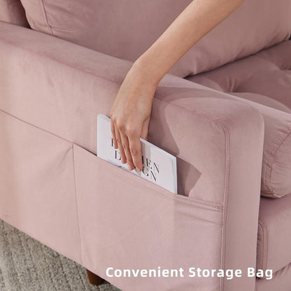 Pink Modern Fabric 74'' Sofa Couch, 3-Seater with Storage Pockets, High-Density Foam Cushions, and Wooden Legs