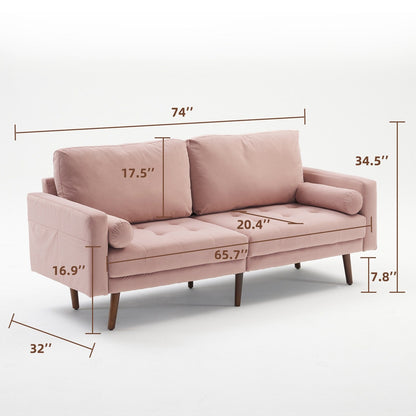 Pink Modern Fabric 74'' Sofa Couch, 3-Seater with Storage Pockets, High-Density Foam Cushions, and Wooden Legs