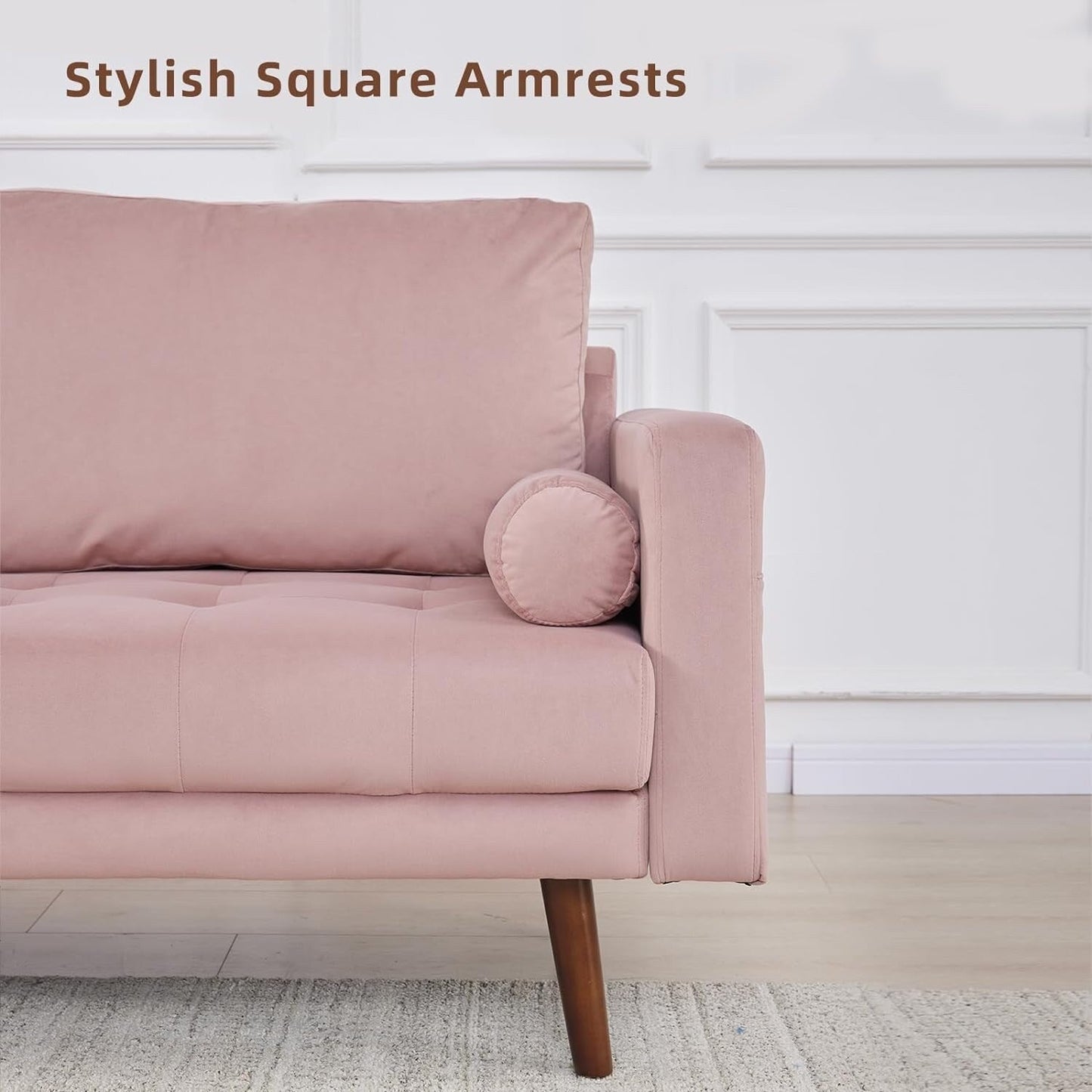 Pink Modern Fabric 74'' Sofa Couch, 3-Seater with Storage Pockets, High-Density Foam Cushions, and Wooden Legs