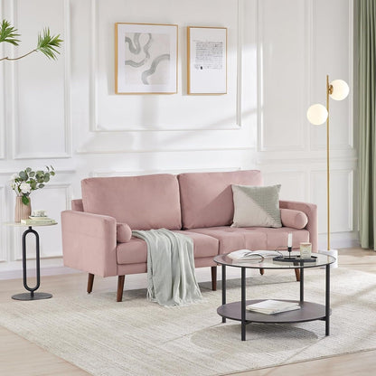 Pink Modern Fabric 74'' Sofa Couch, 3-Seater with Storage Pockets, High-Density Foam Cushions, and Wooden Legs